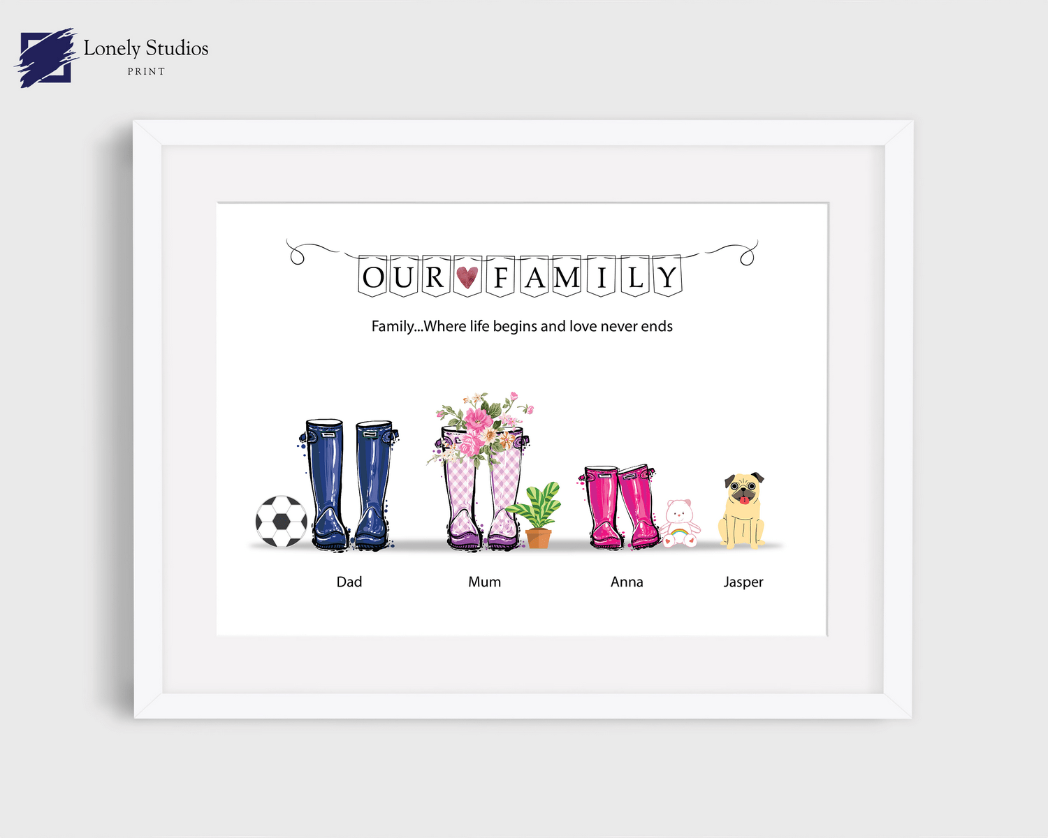 Family welly Print, family print, Wellies Boots Print, boot picture - Lonely Studios Print