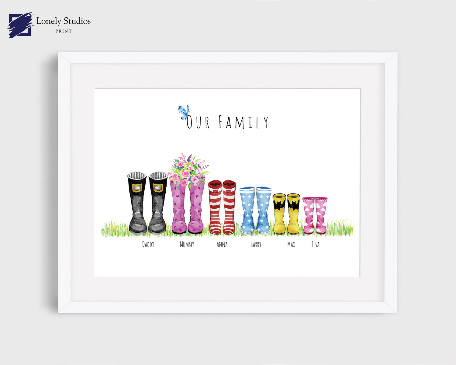 Family welly Print, family print, Wellies Boots Print, boot picture - Lonely Studios Print