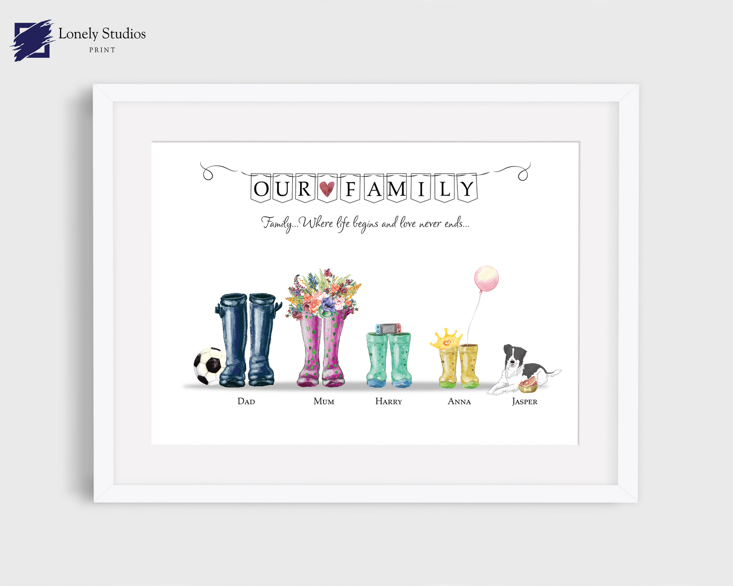 Family welly Print, family print, Wellies Boots Print, boot picture - Lonely Studios Print