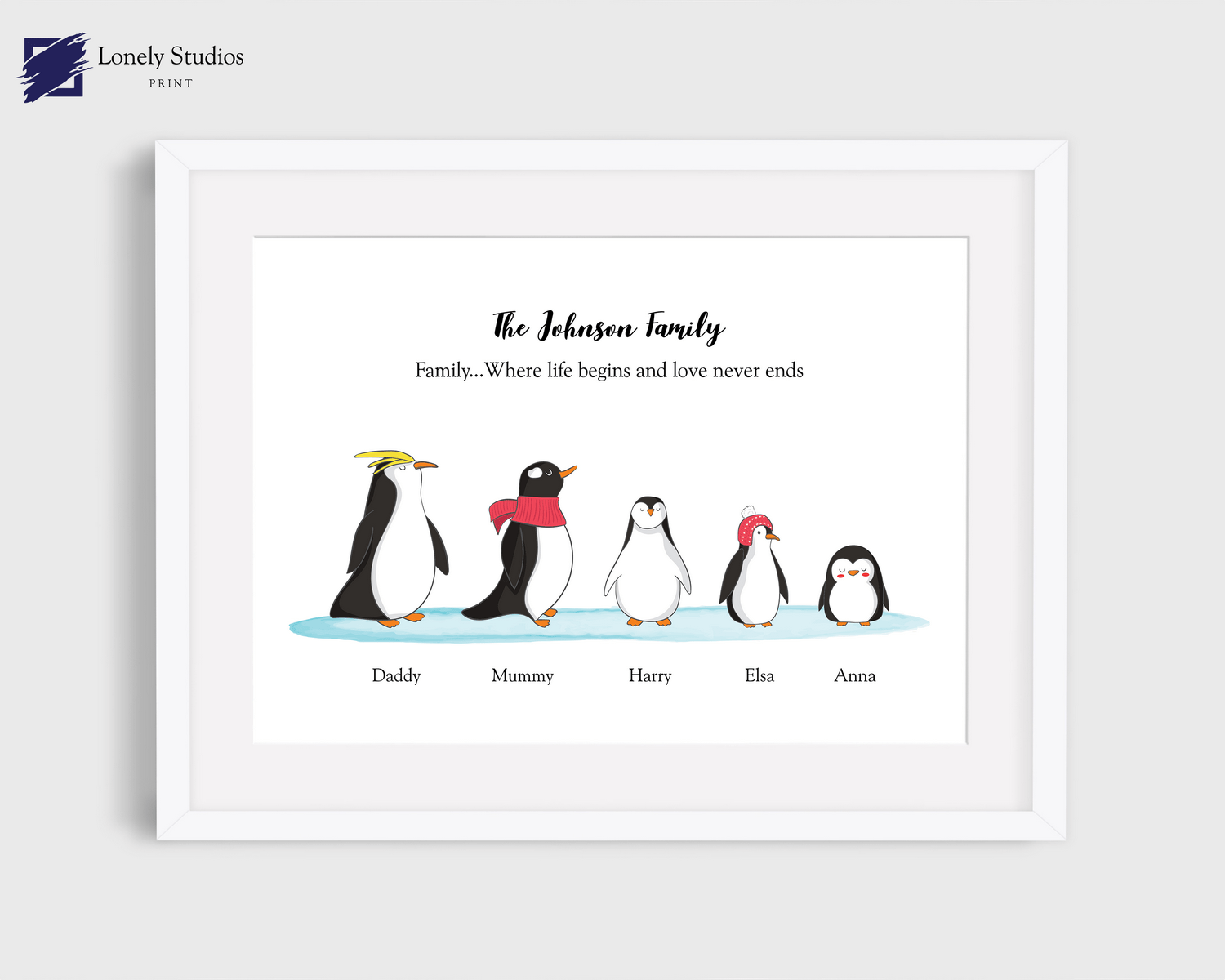 Personalised Family Print, family penguins print - Lonely Studios Print