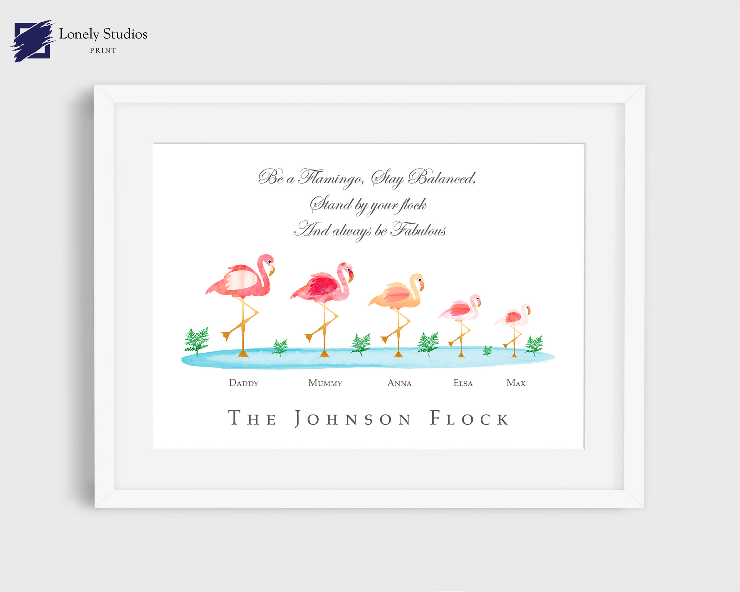 Personalised Family Print, family flamingo print - Lonely Studios Print