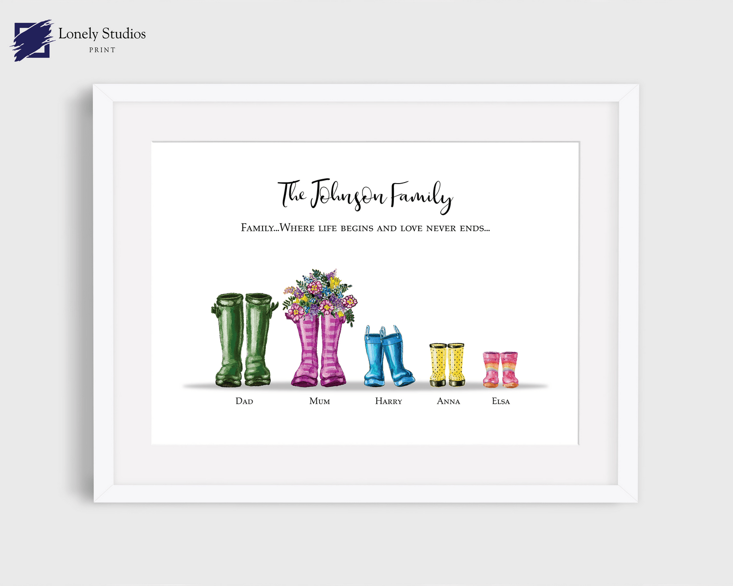 Family welly Print, family print, Wellies Boots Print, boot picture - Lonely Studios Print