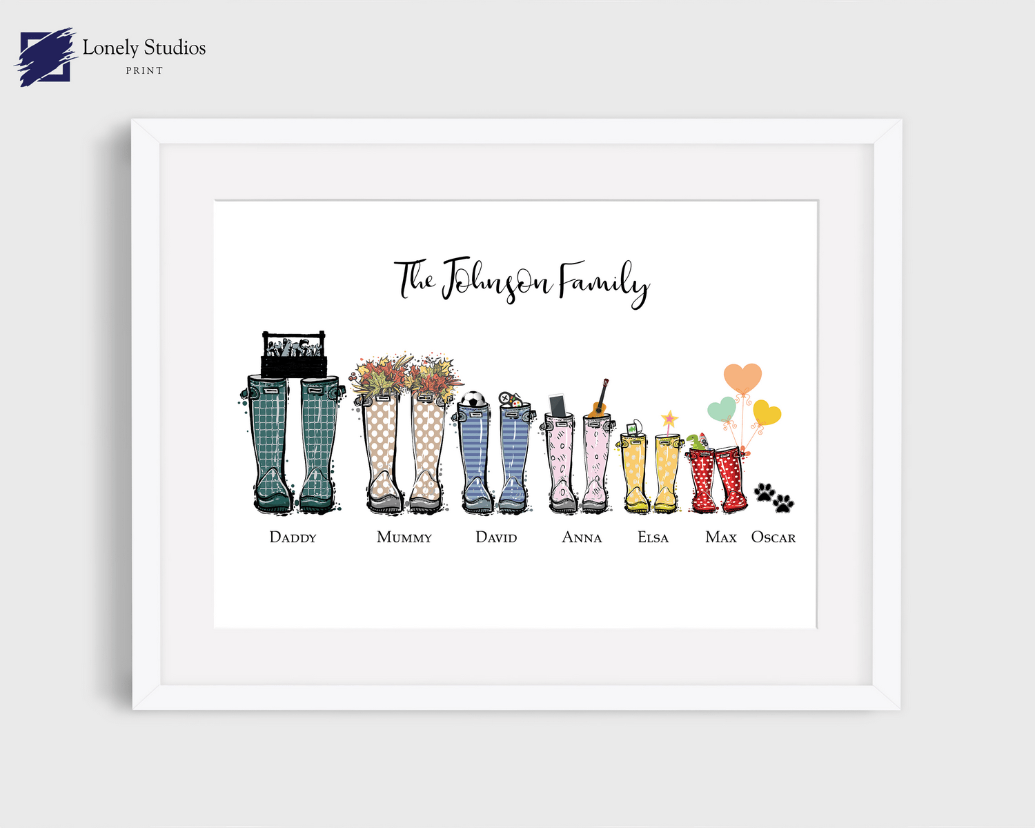 Family welly Print, family print, Wellies Boots Print, boot picture - Lonely Studios Print