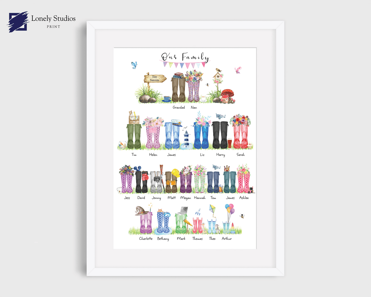 Family welly Print, family tree print, Wellies Boots Print, boot picture - Lonely Studios Print