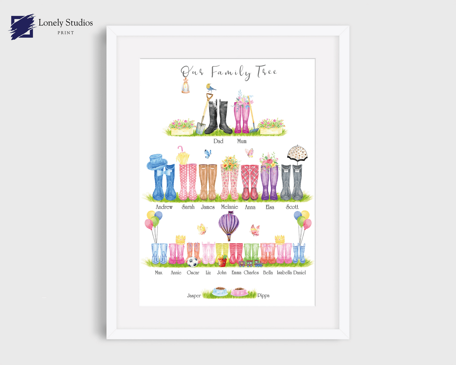 Family welly Print, family tree print, Wellies Boots Print, boot picture - Lonely Studios Print