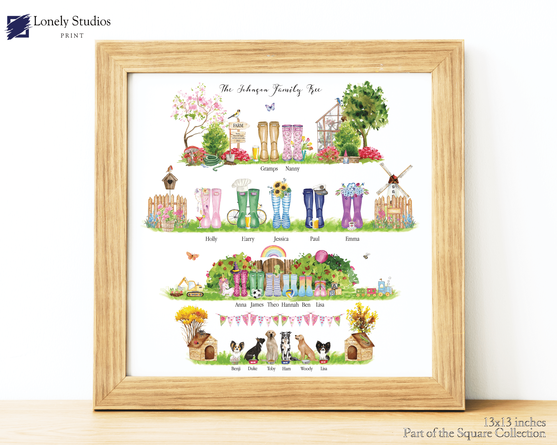 personalised family tree welly print with pets picture