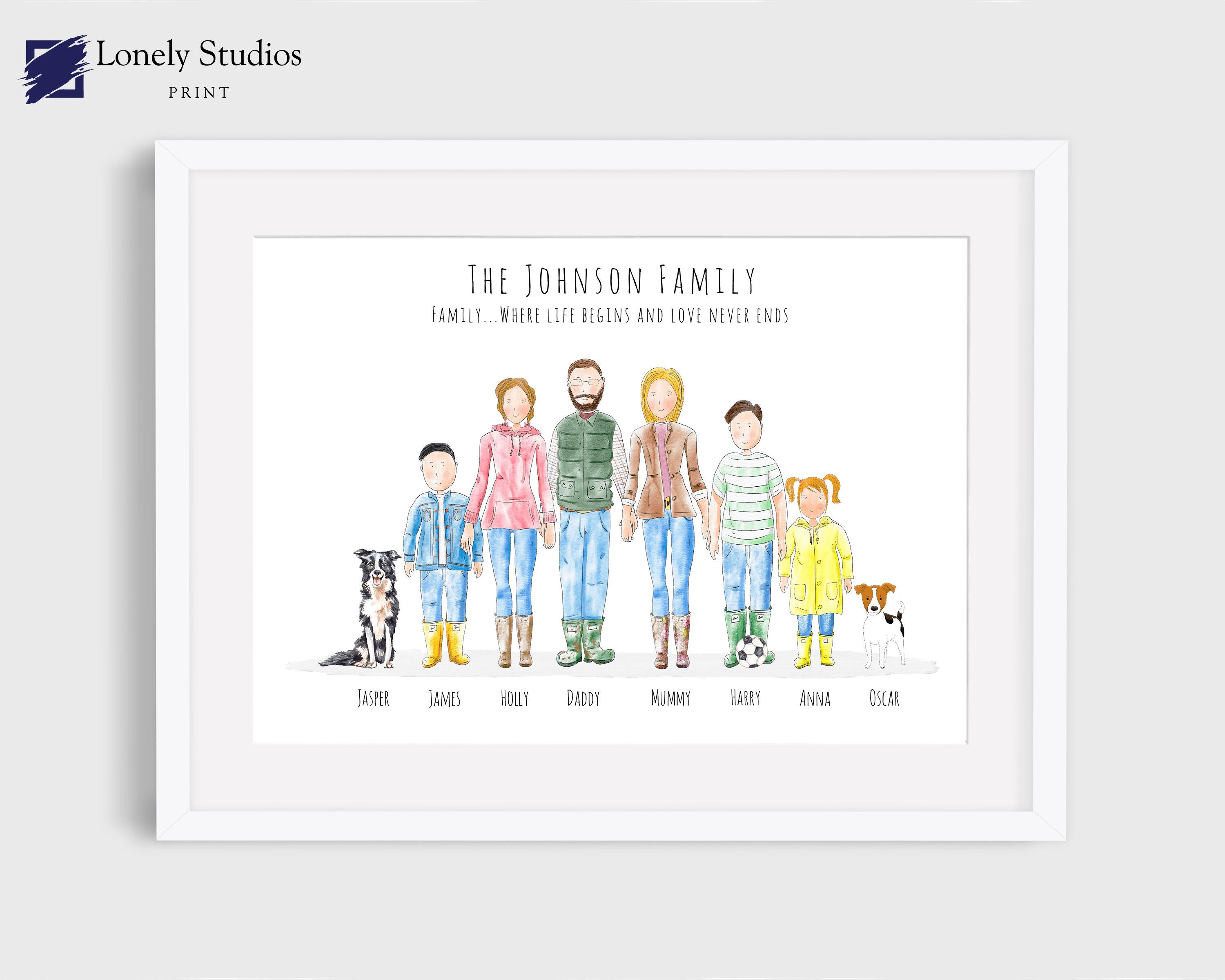 Custom cartoon family portrait with pets