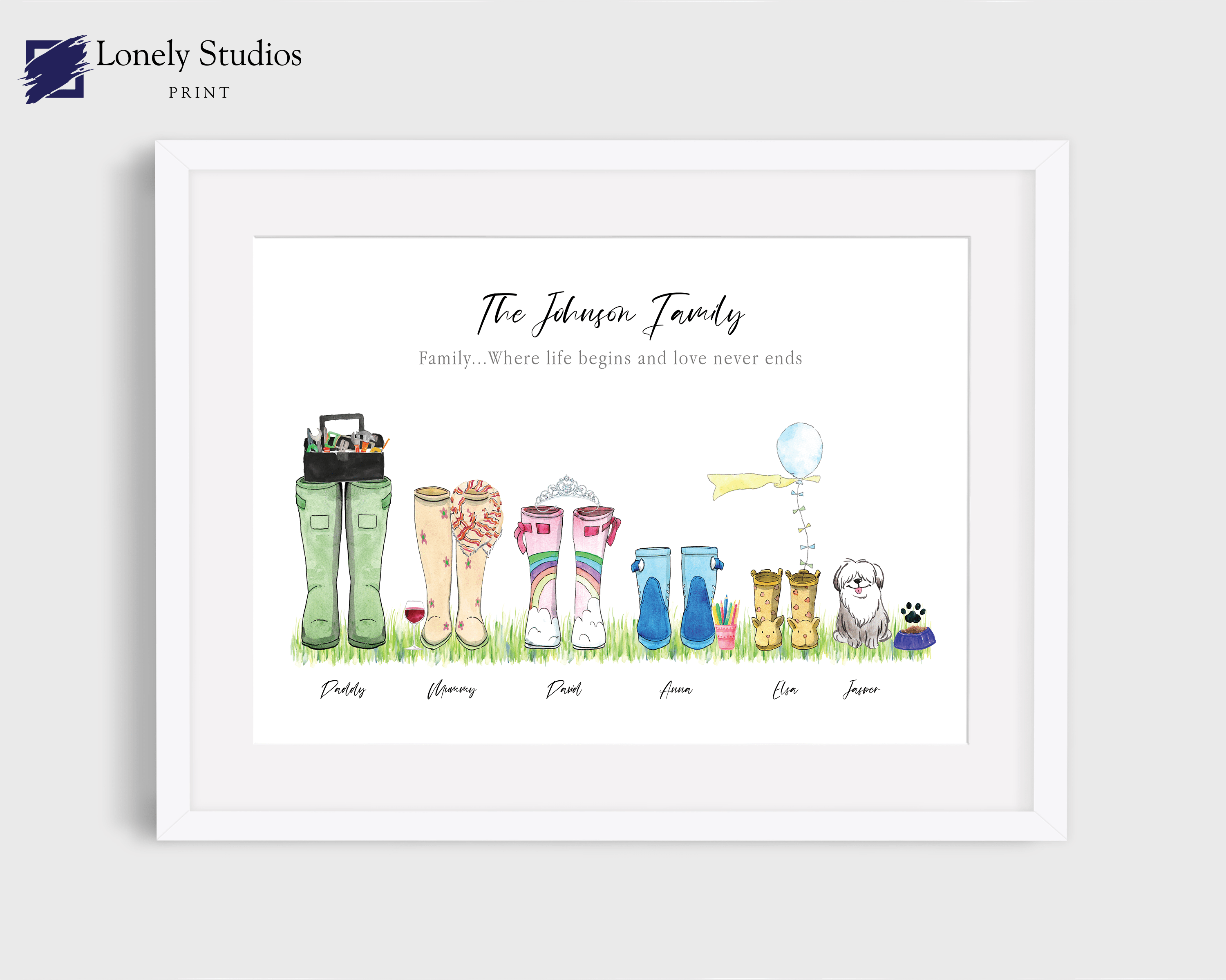 Family welly Print, family print, Wellies Boots Print, boot picture - Lonely Studios Print