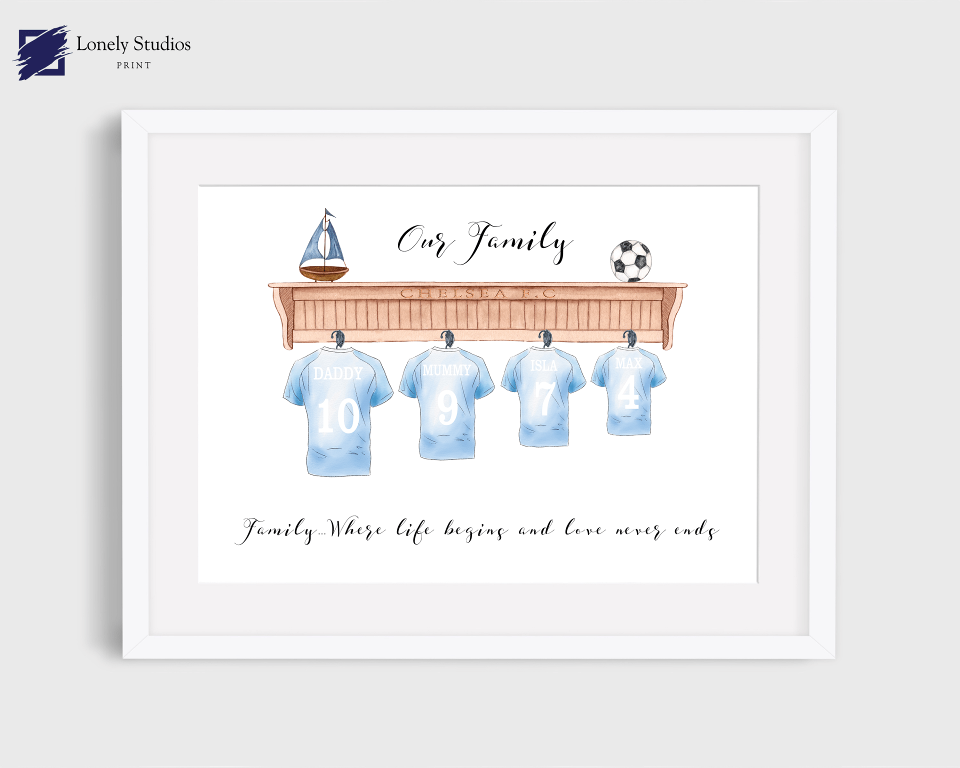 Personalised Family Print, Family football shirt Print - Lonely Studios Print