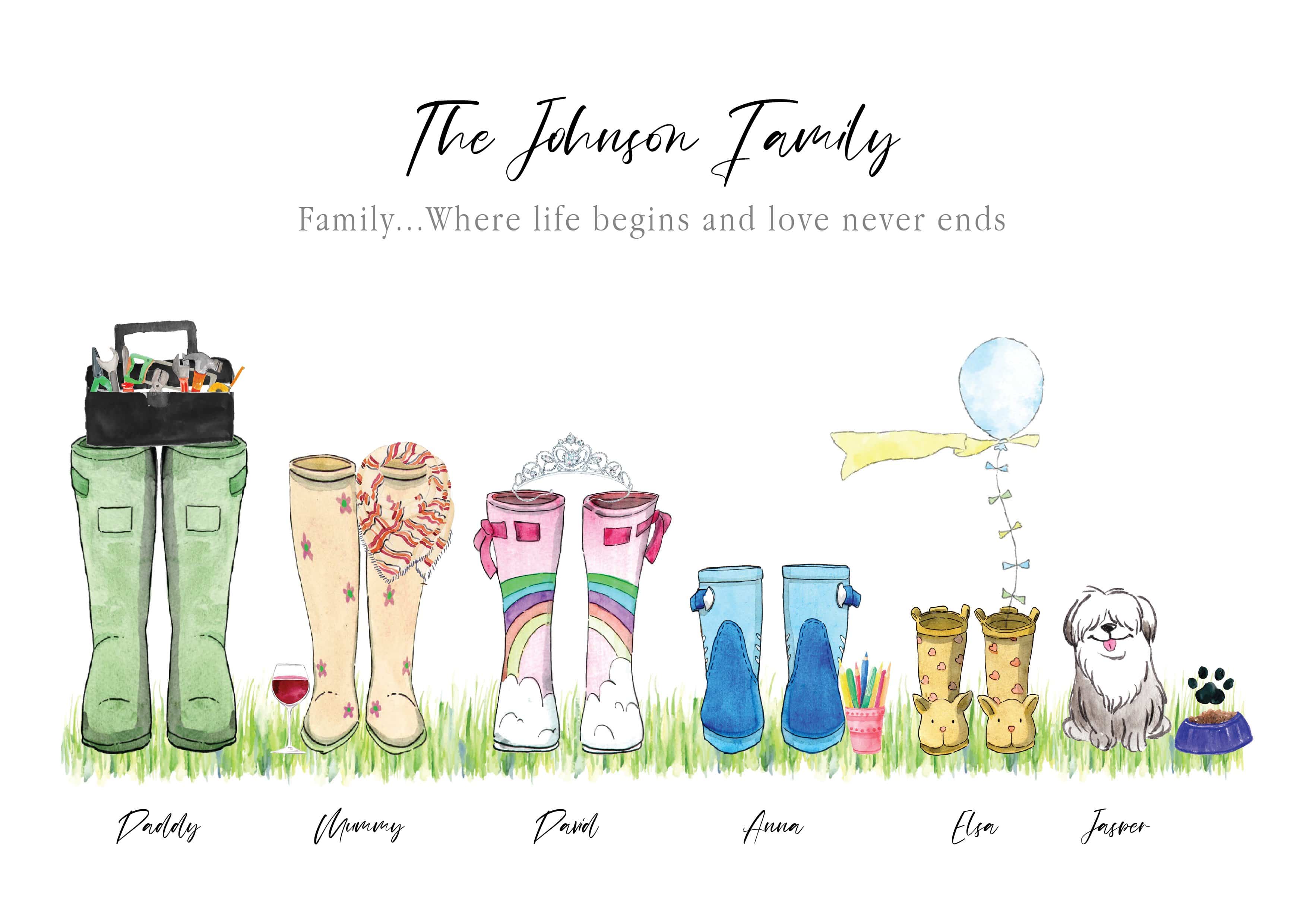 Family welly Print, family print, Wellies Boots Print, boot picture - Lonely Studios Print